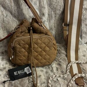 MZ Wallace CROSBY DRAWSTRING BUCKET BAG in caramel and white.